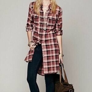 Free People Eight Days A Week Plaid Shirt Dress Womens Small Duster Top